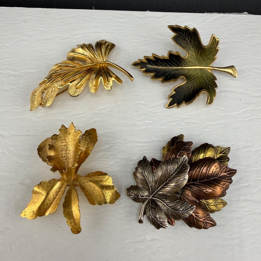 Vintage Monet Estate Brooch Lot Gold Tone Leaf Textured Set of 4 2-3in